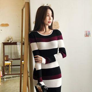 Round-neck Color-block Knit Dress Black - One Size