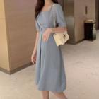 Short-sleeve Square-neck A-line Midi Dress