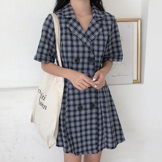 Plaid Double Breasted Short Sleeve Shirt Dress