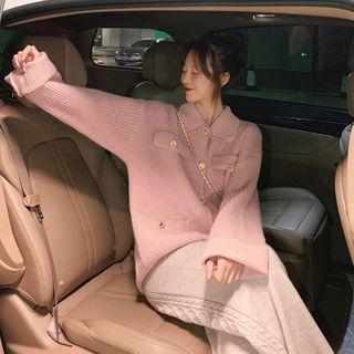 Button-accent Collared Knit Cardigan / Knit Wide-leg Pants
