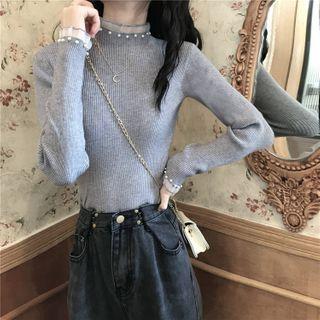 Beaded Mesh Panel Mock Neck Knit Top