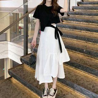 Set: Short-sleeve Tie-front T-shirt + Midi A-line Skirt
