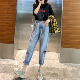 Set: Lettering Short-sleeve T-shirt + Distressed Cropped Harem Jeans