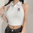 Sleeveless Collared Halter Bear Embroidered Top