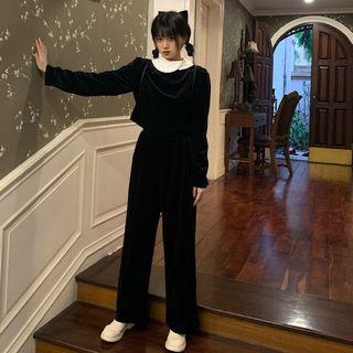 Contrast Trim Blouse / Wide-leg Pants