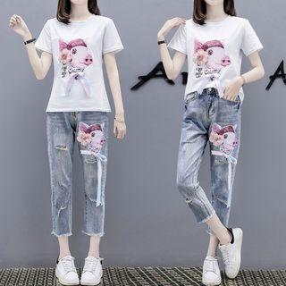 Set: Short-sleeve Pig Printed Ribbon T-shirt + Frayed Hem Ripped Cropped Jeans