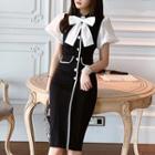 Short-sleeve Paneled Button Midi Sheath Dress