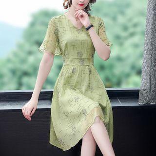 Printed Bell-sleeve Mini A-line Chiffon Dress