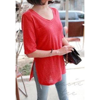Round-neck Pocket-front Linen T-shirt