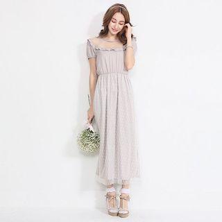 Short-sleeve Tulle Panel Long Dress