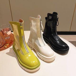 Mesh Panel Platform Block Heel Short Boots