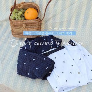 Rollup-sleeve Drawstring-hem Heart-pattern Blouse