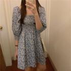Puff-sleeve Square Neck Shirred Floral Dress