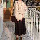 Cable Knit Buttoned Jacket / Pleated Midi Skirt