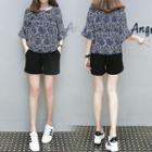 Set: Elbow-sleeve Patterned Top + Shorts