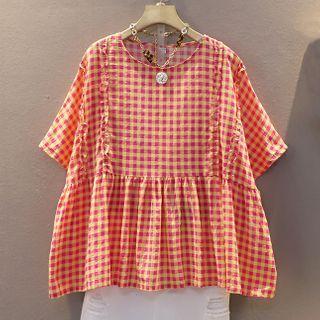 Short-sleeve Checked Frill Trim Top