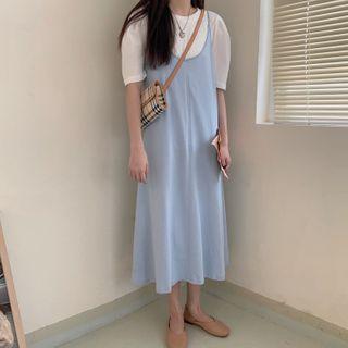 Set: Elbow-sleeve Top + Midi A-line Pinafore Dress