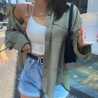 Dual-pocket Stitched Oversized Shirt