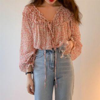 Floral Print Blouse Beige & Pink - One Size