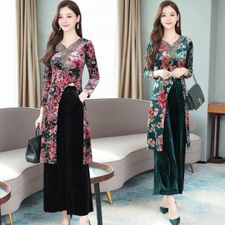 Set: Flower Print Long-sleeve Slit Top + Velvet Wide-leg Pants