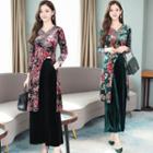 Set: Flower Print Long-sleeve Slit Top + Velvet Wide-leg Pants