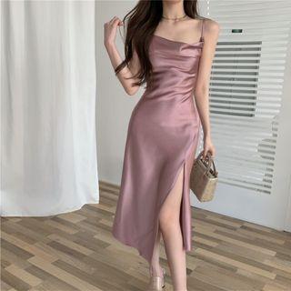 Satin Side-slit Suspender Skirt As Shown In Figure - One Size