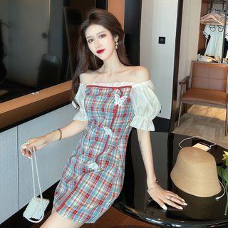 Puff-sleeve Paneled Plaid A-line Dress