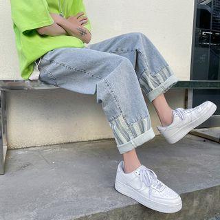 Striped Panel Plain Straight Cut Jeans