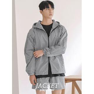 Drawstring Gingham Zip-up Hoodie