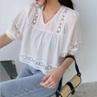 V Neckline Lace Puff-sleeve Top