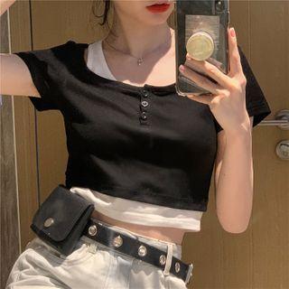Short-sleeve Mock Two-piece Cropped T-shirt Black - One Size