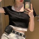 Short-sleeve Mock Two-piece Cropped T-shirt Black - One Size