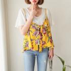 Spaghetti-strap Tie-front Floral-pattern Top