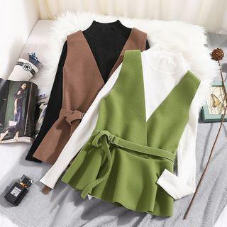 V-neck Belted Vest / Mock-neck Knit Top