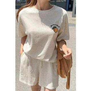 Peach Embroidery T-shirt & Shorts Lounge Set Beige - One Size