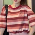 Heart Embroidered Striped Elbow-sleeve T-shirt Pink - One Size