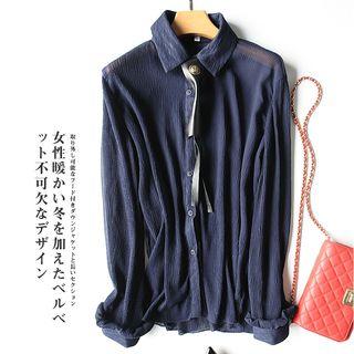Set: Faux Leather Panel Long-sleeve Blouse + Strap Top