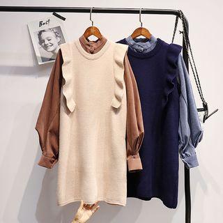 Set: Band Collar Shirt + Ruffle Trim Long Knit Vest