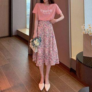 Floral Print Midi A-line Skirt / Short-sleeve T-shirt / Set