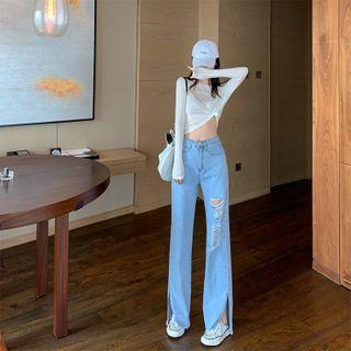 Distressed Slit Wide Leg Jeans