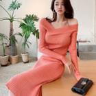 Off-shoulder Long-sleeve Dress Tangerine Red - One Size