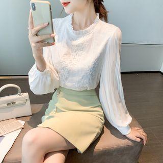 Long-sleeve Frill Trim Ruched Blouse