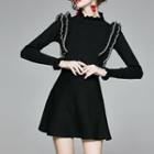 Ruffle Long-sleeve Knit Mini A-line Dress Black - One Size