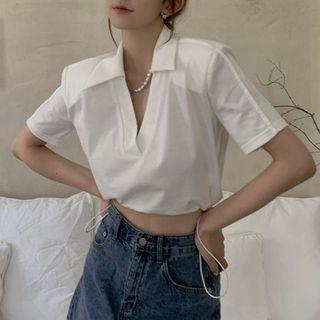 Collared Padded-shoulder Drawstring-hem Cropped T-shirt White - One Size