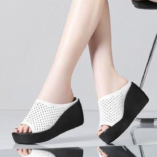 Perforated Genuine Leather Slide Wedge Sandals