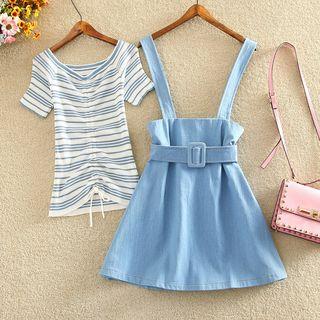 Set: Striped Short-sleeve T-shirt + Denim Suspender Dress