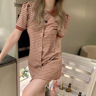 Short-sleeve Plaid Shirt Dress Red - One Size
