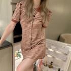 Short-sleeve Plaid Shirt Dress Red - One Size