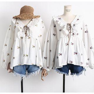 Cross Strap-front Flower-embroidered Blouse