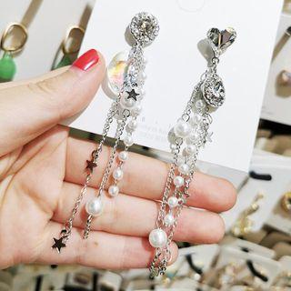 Non-matching Rhinestone Dangle Earring 1 Pair - Silver - One Size